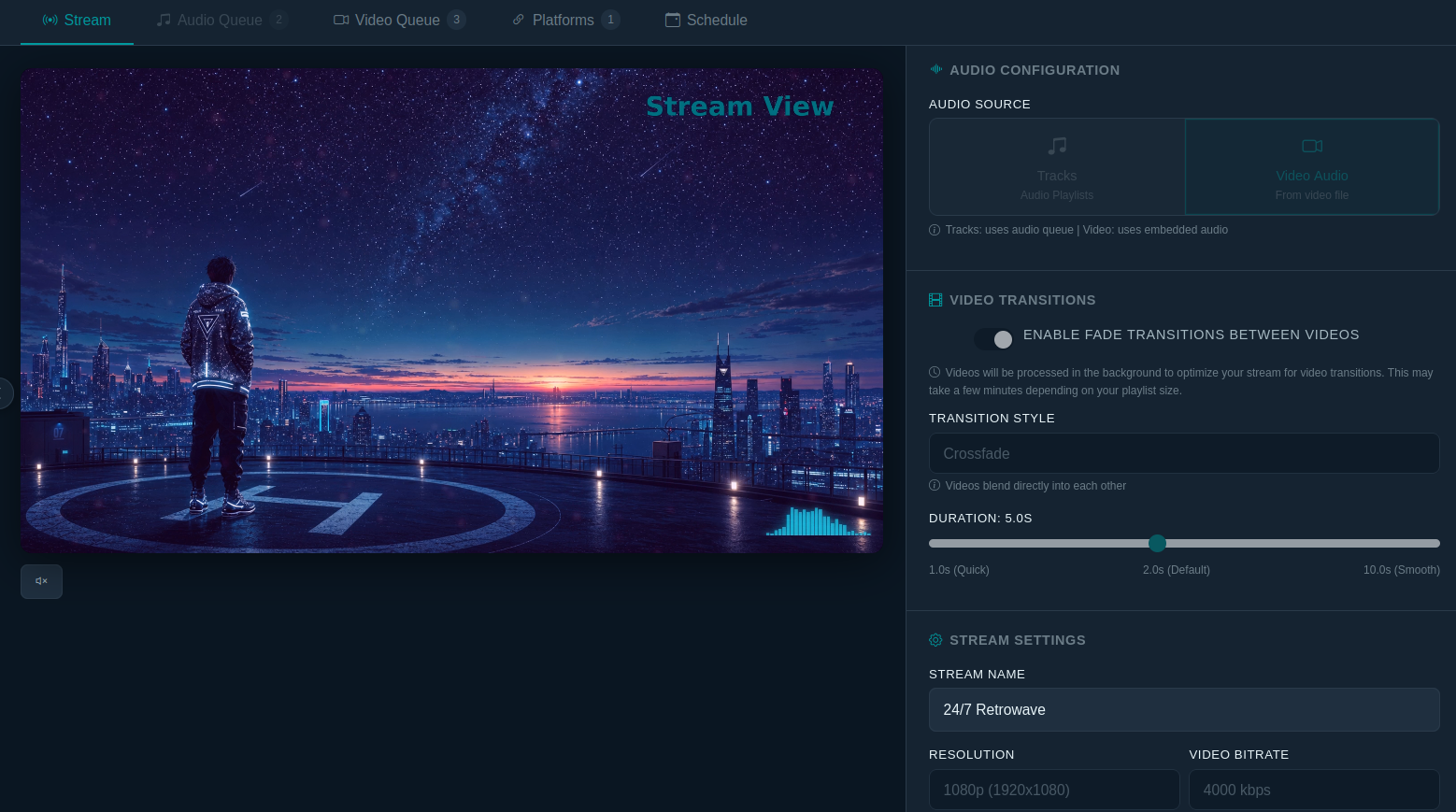 The stream editor — audio tracks set against a generated visual backdrop