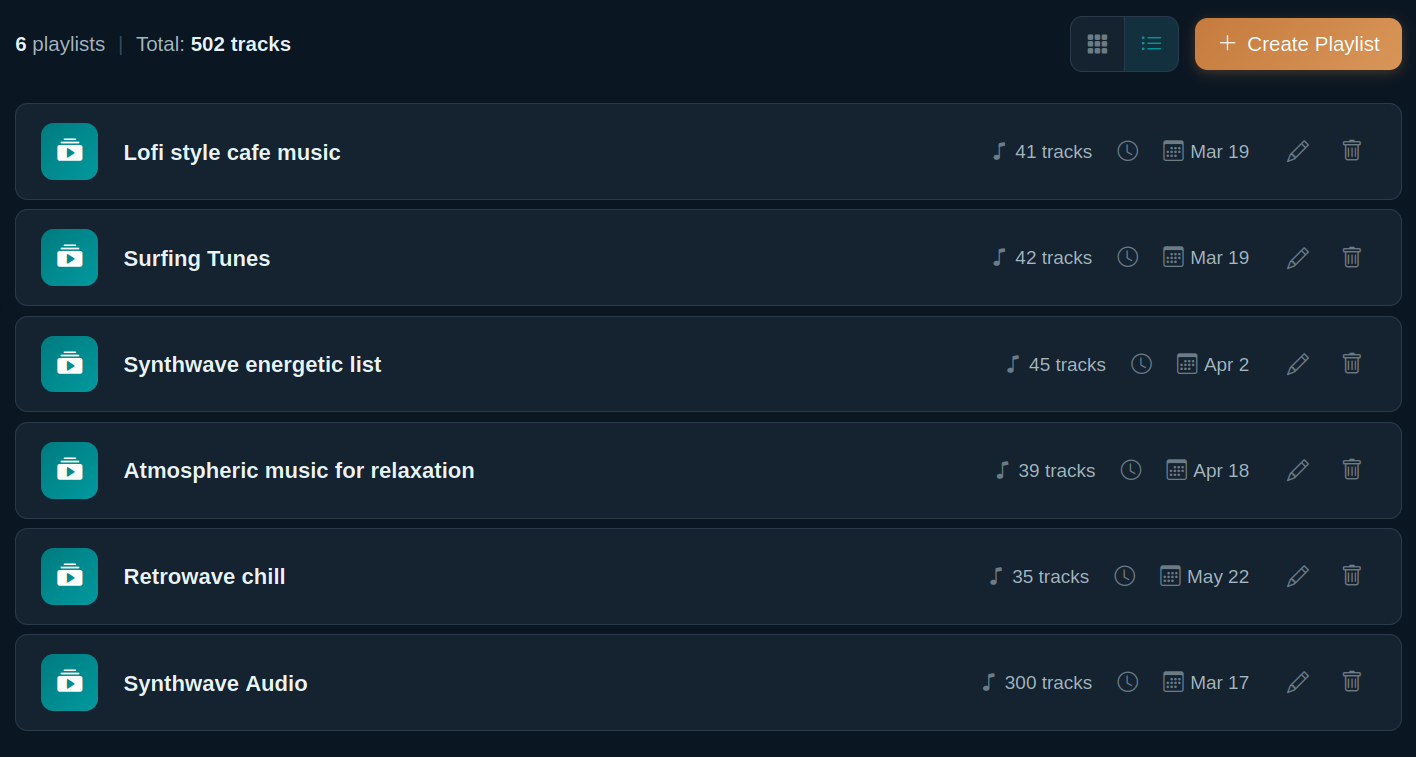 Saved playlists, each with its track count